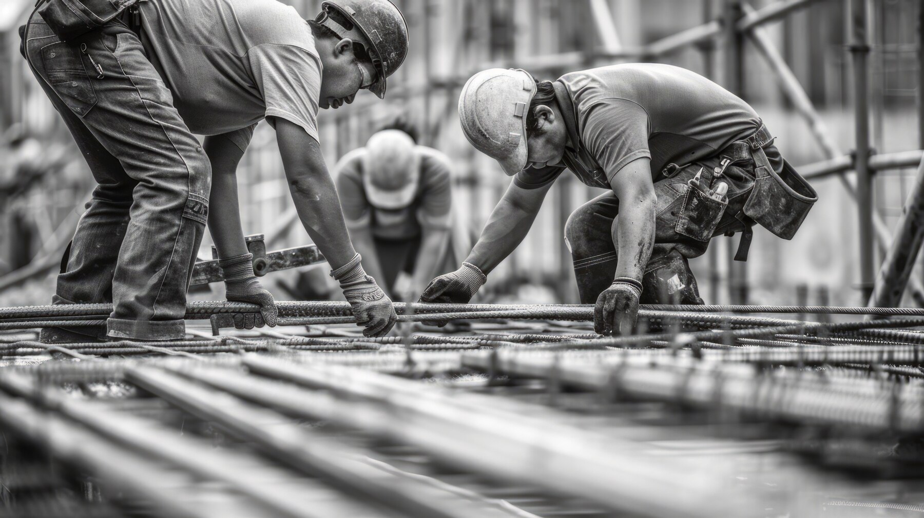 Top view of an architect and an engineer wearing safety helmets looking at blueprints in the middle of a construction site, surrounded by construction workers and building materials.